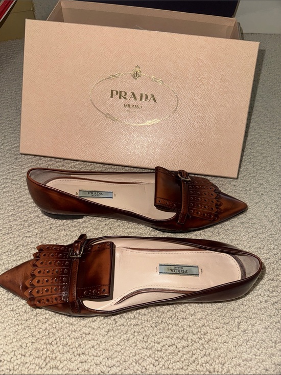 Prada Shoes - Prada Brown Pointed Leather Kiltie Loafers size 38